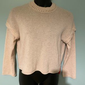 Theory Ecru Melange Beige Cashmere Ribbon-Trim Cropped Sweater NWT Size M